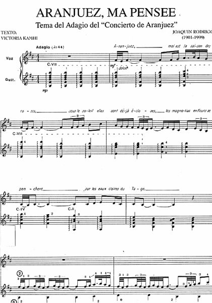 Rodrigo, Joaquin: Aranjuez ma pensée, Tema del adagio del Concerto de Aranjuez for Voice and Guitar, sheet music sample