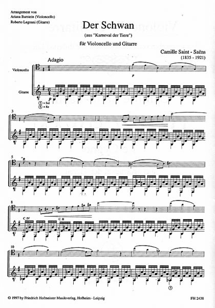Saint-Saens, Camille: Der Schwan - Le Cygne für Cello und Gitarre, Noten Beispiel