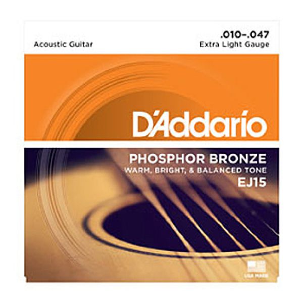 Strings for Acoustic Steel-string Guitar, D`Addario EJ15, extra light, 010 - 047, Phosphor Bronze