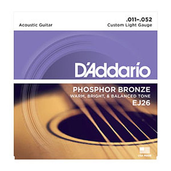 Strings for Acoustic Steel-string Guitar, D`Addario EJ26, custom light, 011 - 052, Phosphor Bronze
