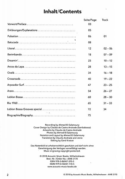 El-Salamouny, Ahmed: Sounds of Rio, Brasilianische Solos und Duos für Gitarre, Noten und Tabulatur Inhalt
