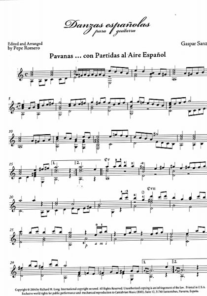 Sanz, Gaspar: Danzas Espanolas für Gitarre solo, ed. Pepe Romero, Noten Beispiel