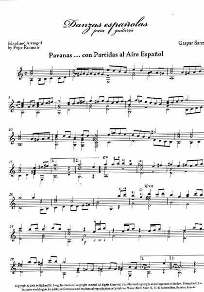 Sanz, Gaspar: Danzas Espanolas für Gitarre solo, ed. Pepe Romero, Noten Beispiel
