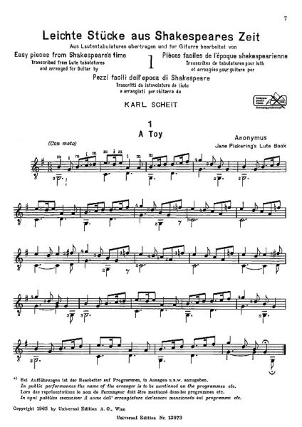 Scheit, Karl: Easy Pieces from Shakespeares Time 1, Renaissance pieces for guitar, sheet music sample