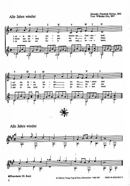 Schindler, Klaus: Alle Jahre Wieder, Christmas Carols for guitar solo, 1-2 guitars or voice and guitar, sheet music sample