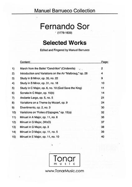 Sor, Fernando: Selected Works, arr. Manuel Barrueco, Guitar solo sheet music content