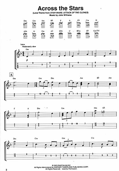 Star Wars for Ukulele solo, sheet music, standard notation and tab, with chords sample