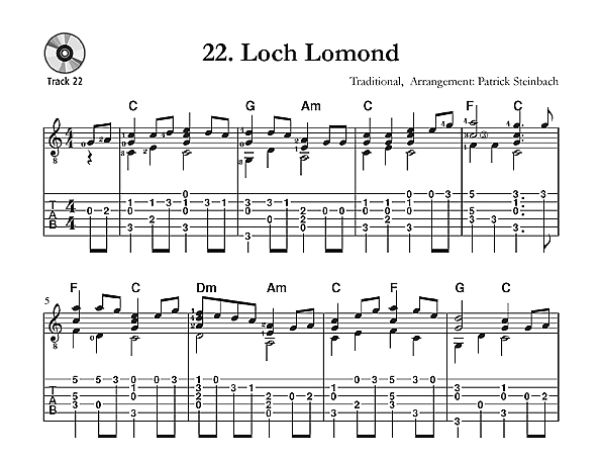 Steinbach, Patrick: Irish Guitar Tunes für Sologitarre oder Melodieinstrument in C und Gitarre, Noten und Tabulatur Beispiel