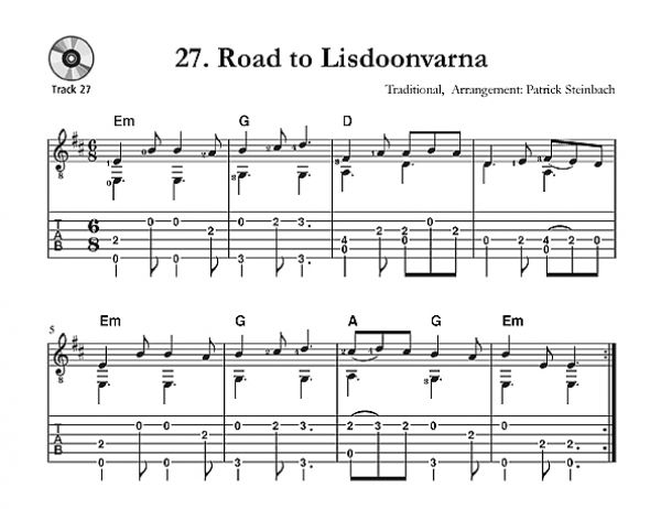 Steinbach, Patrick: Irish Guitar Tunes für Sologitarre oder Melodieinstrument in C und Gitarre, Noten und Tabulatur Beispiel