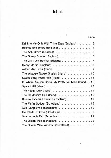 Teschner, Hans Joachim: Fridolins Reisetagebuch 2 - England, Irland, Schottland für 2 Gitarren oder Altblockflöte und Gitarre, Noten Inhalt