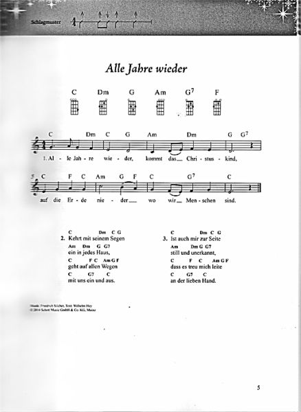 Das Weihnachtsliederbuch für Alt und Jung für Gesang und Ukulele - Songbook Melodie, Texte, Ukulelen-Akkorde, Noten Beispiel