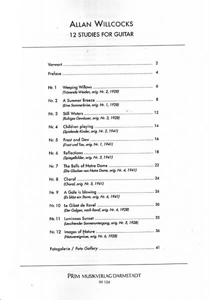 Hoppstock, Tilman (Willcocks, Allan): 12 Studies for guitar, 12 Etüden für Gitarre solo, Noten Inhalt